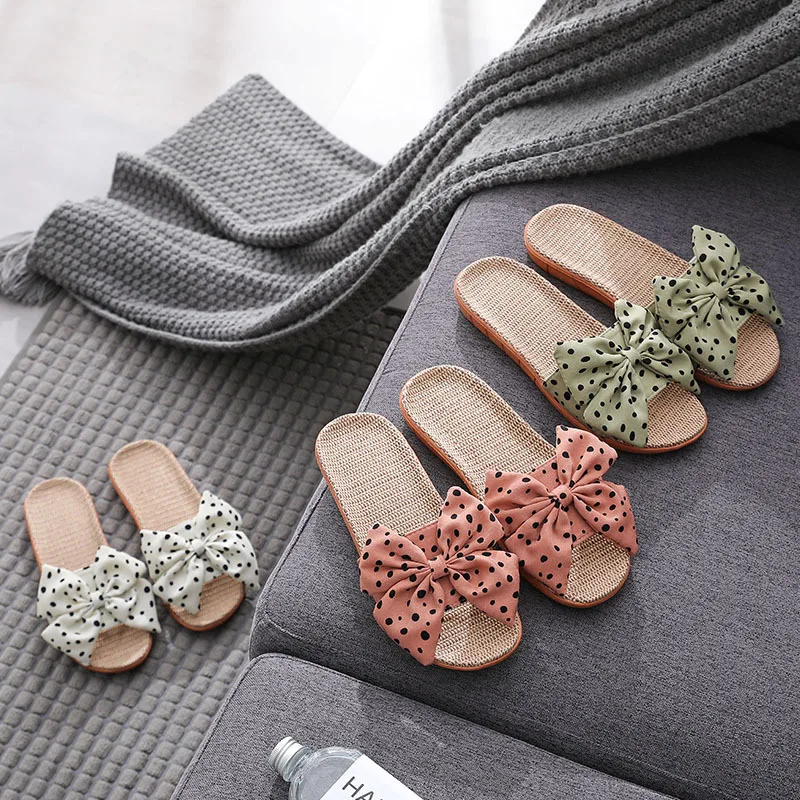 Summer Bowknot Linen Slippers Women Japanese Cute Wave Point Home Indoor Shoes Non-Slip Women's Linen Slippers