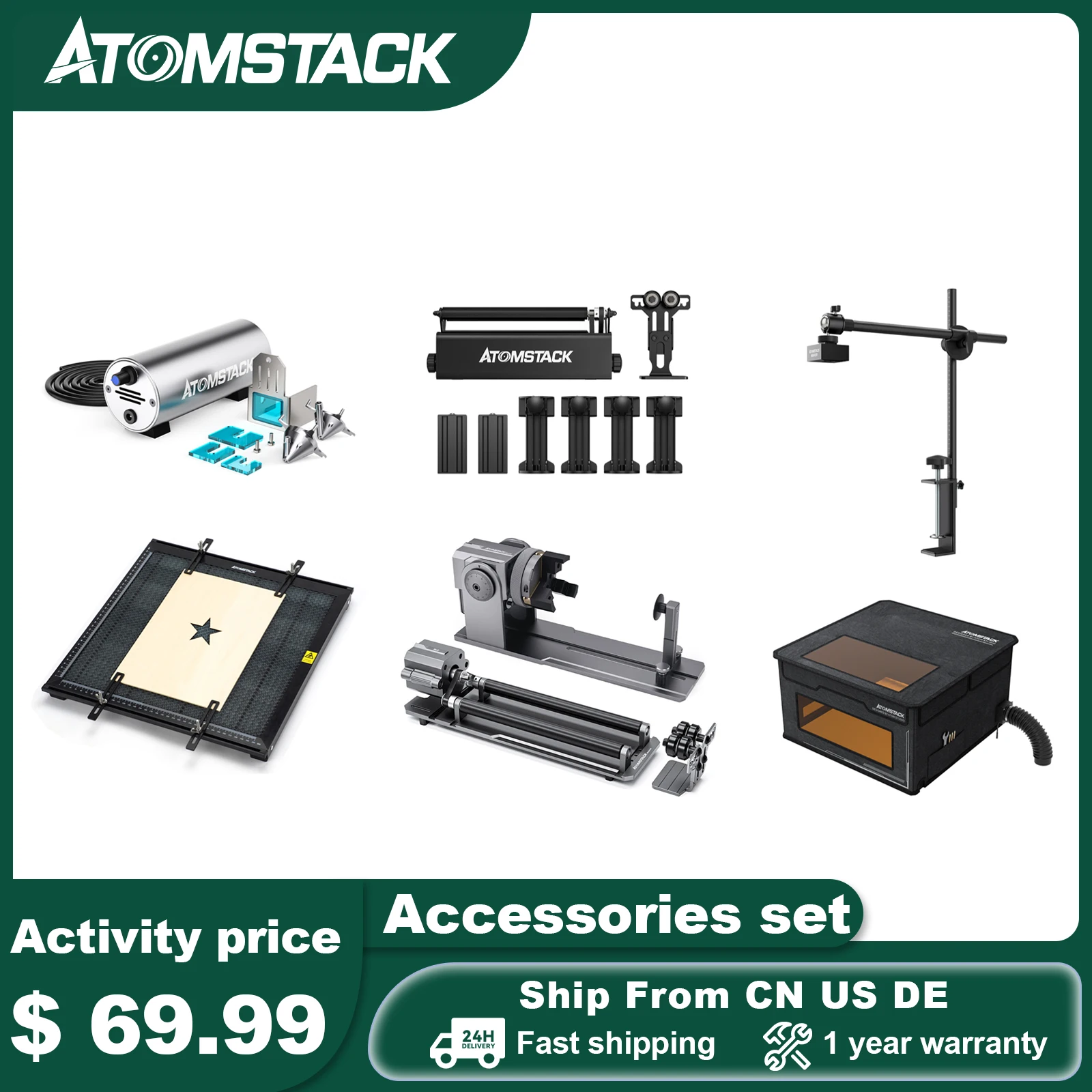 

Atomstack F30 Air Airflow Assist Kit+ F2 Honeycomb Cutting Table +FB2 Dust-Proof Cover +R3 Pro Roller + R1 Pro Chuck and Roller