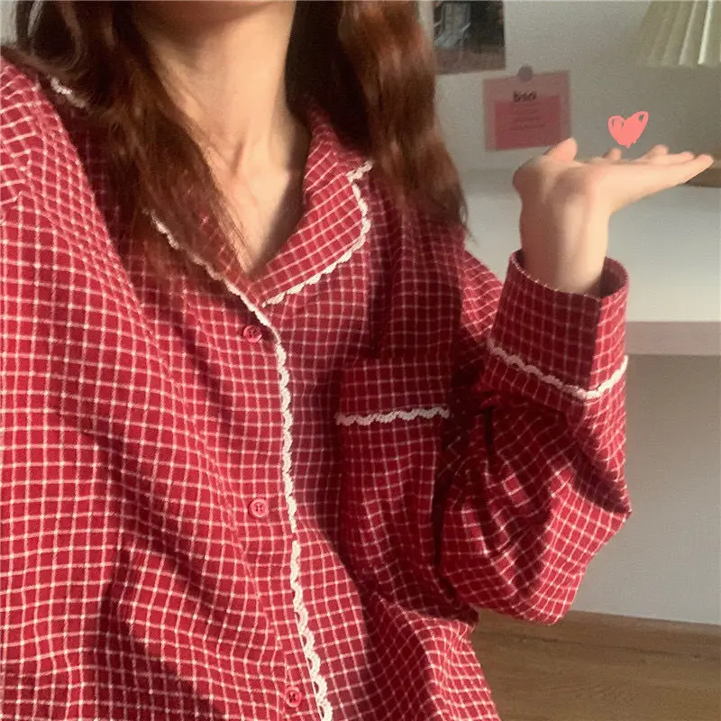 Pajama Sets Women Home Autumn Plaid Vintage Sleepwear Girls Cozy Lounge Classic Tender Korean Style Soft Comfort Chic Dormitory