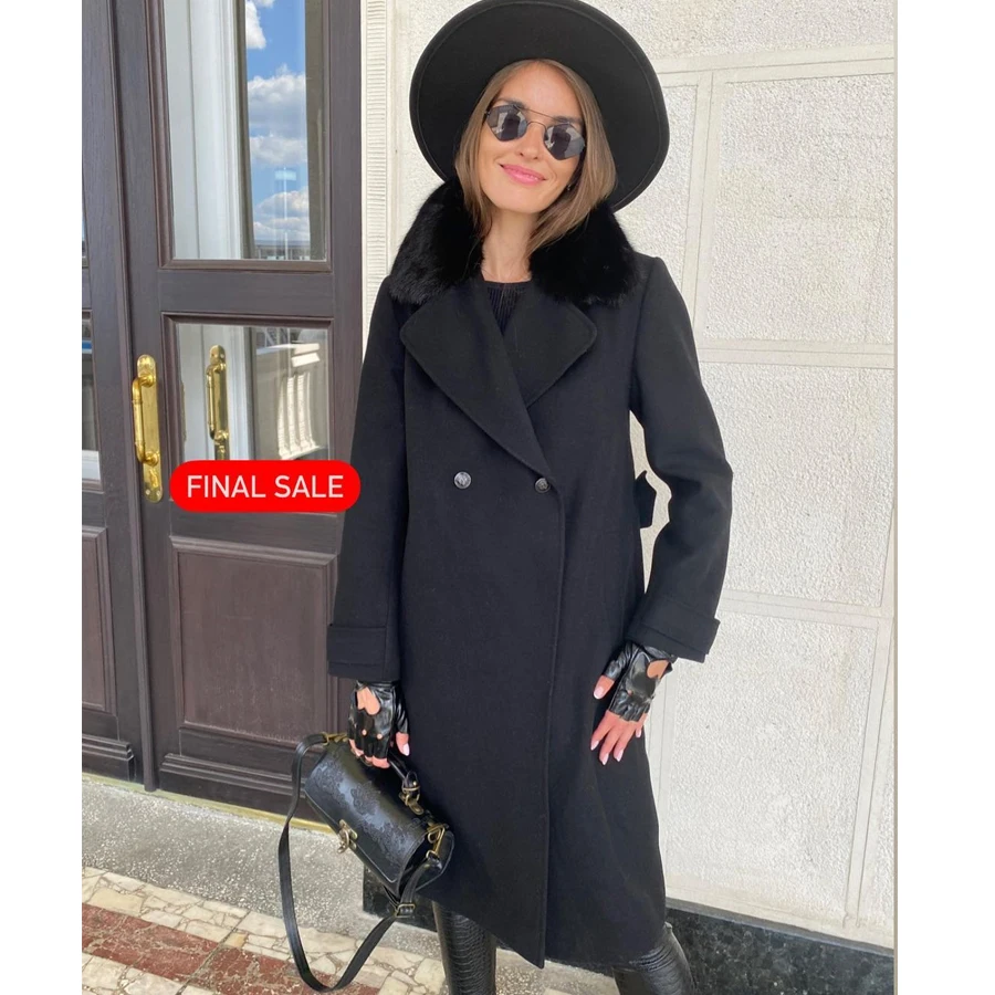 

Women Cashmere Wool Coat Real Fox Fur Pocket High Quality Women's Coat Best Selling Styles