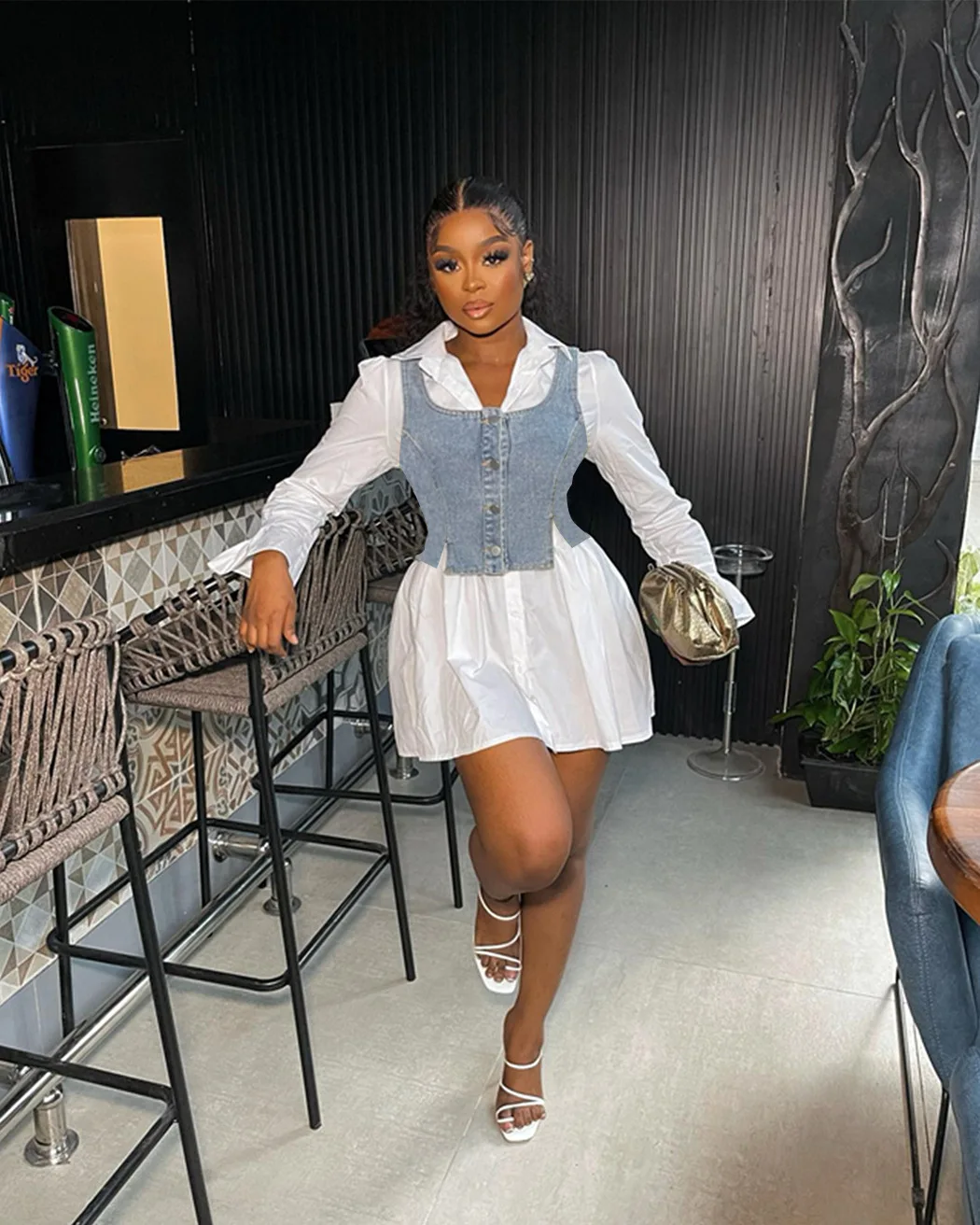 Two Pieces Shirt Dress+Denim Corset Sexy Women Elegant Streetwear