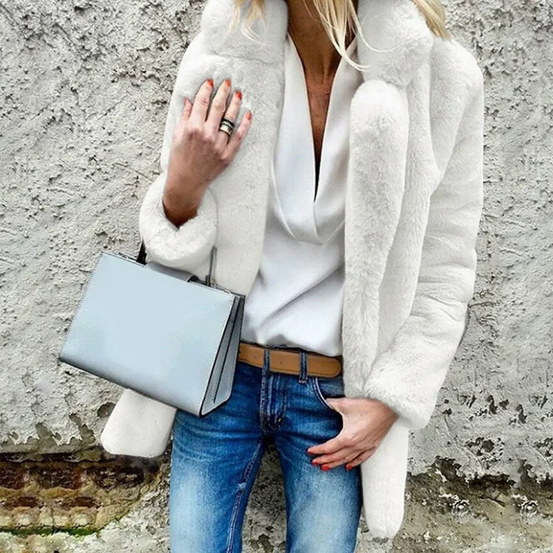 Faux Fur Coat Winter Solid Fashion Loose Outerwear Women Luxury Long Sleeve Warm Thick Fluffy Jackets Coats Female Cardigan New