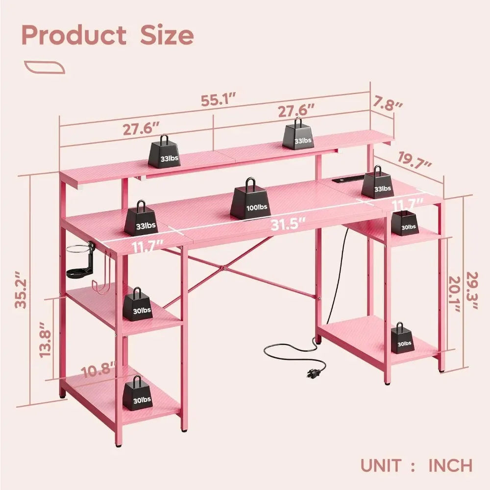 Computer Desk with Power Outlets & LED Lights with Monitor Stand & Adjustable Shelves, Cup Holder Hook, 55 inch Pink Gaming Desk 2