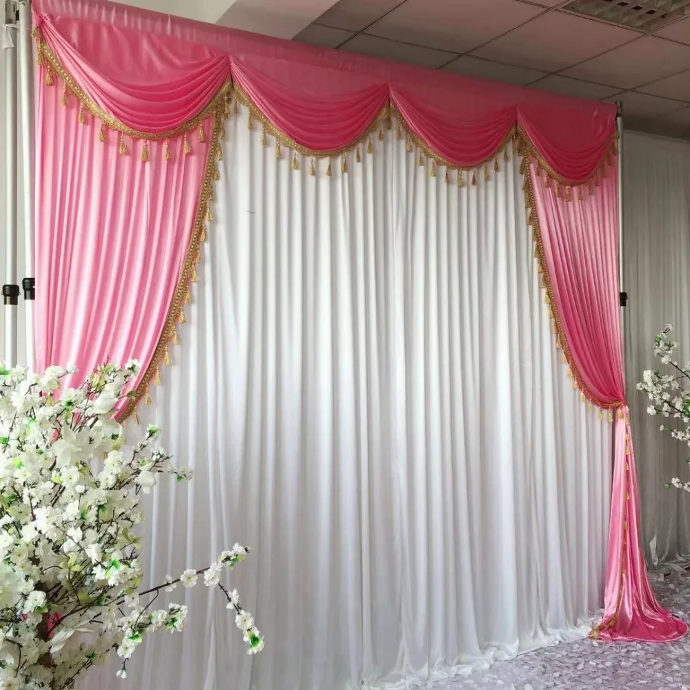3mwx3mh White Curtain Pink Swags Drapes With Tassels Backdrop Wedding Decoration Party