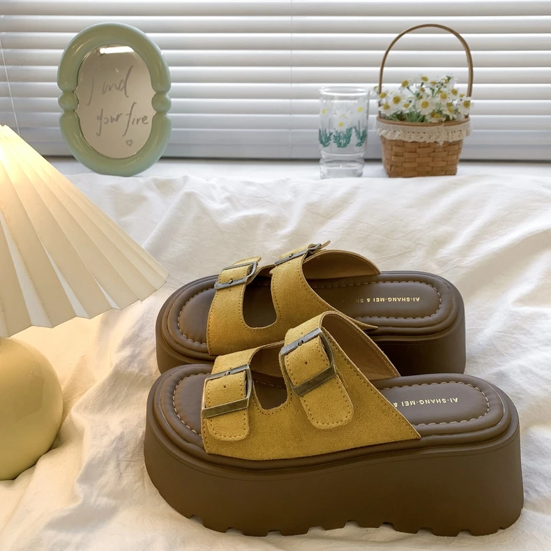 Spring New Baotou Slippers for Women Round Head Deep Mouth Metal Buckle Thick Bottom Anti-slip Wear-resistant High Heels