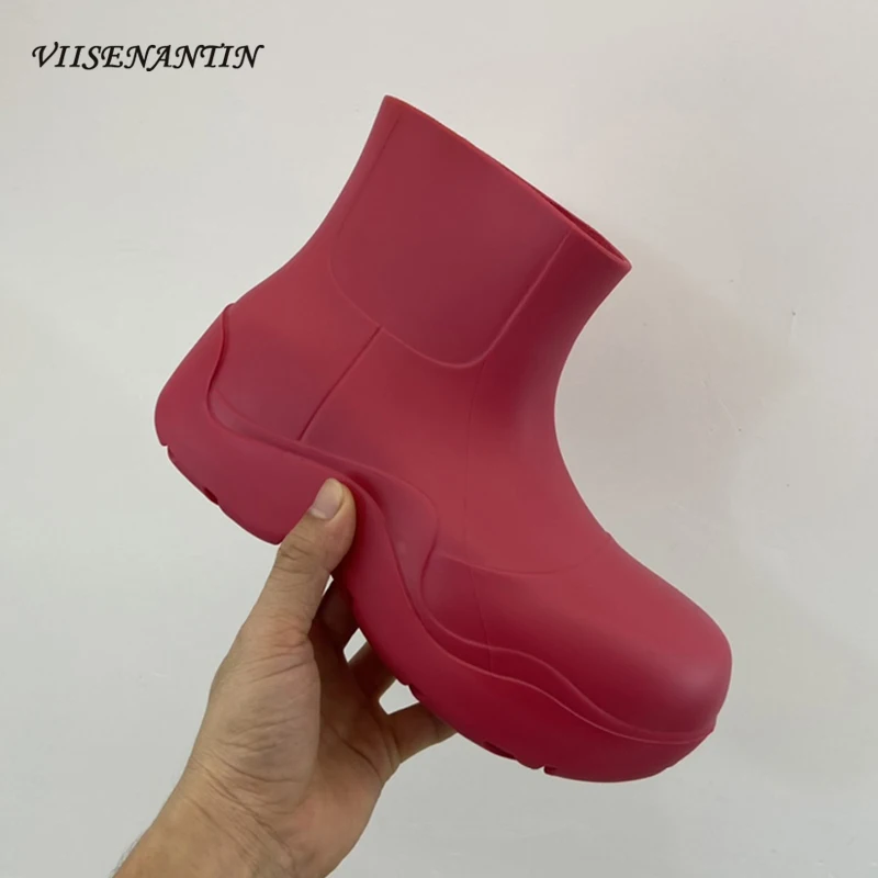 

Spring Autumn New Rain Boots Thick Bottom Round Toe Solid Color Upper Ankle Boots Classic Slip on Little Fresh Cute Short Boots
