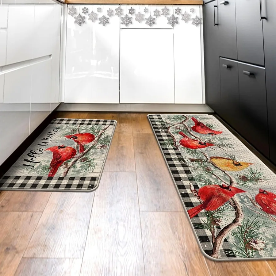 Farmhouse Cardinal Christmas Buffalo Plaid Kitchen Rug Set 6
