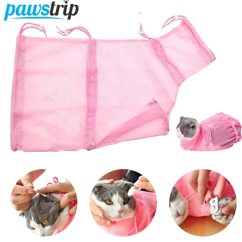 AdjustableMeshCatBathingBagAntiScratchCatsGroomingWashingBagsforPetNailTrimming