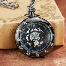 

Vintage Crowns Design Carved Hollow Number Dial Mechanical Pocket Watch Men Chain Black Steampunk Black Mechanical Watch Clock