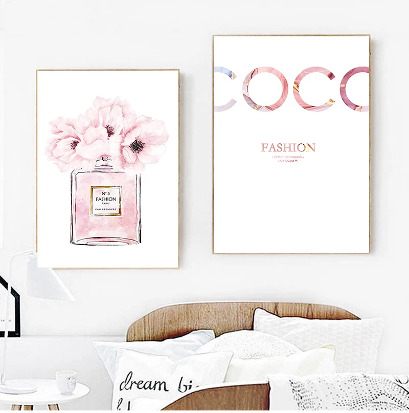 Modern Vogue Perfume Bottle Pink Peony Canvas Wall Art For Girls