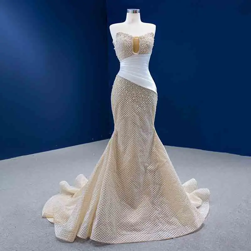 luxury Light Dresses women's long dress for wedding Organza Fishtail Strapless princess dress Pearls RSM67528 vestidos de fiesta 3