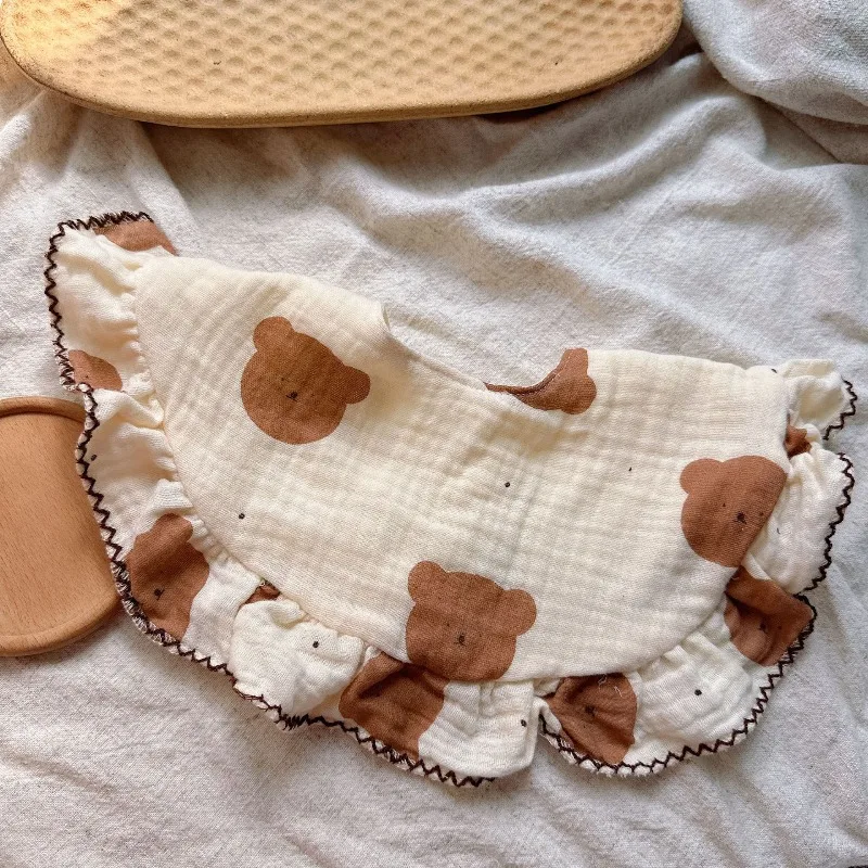 한국 어린이용 면 턱받이 통기성  침 흘림 방지 천 꽃무늬 원형 대형 레이스  방수 타월