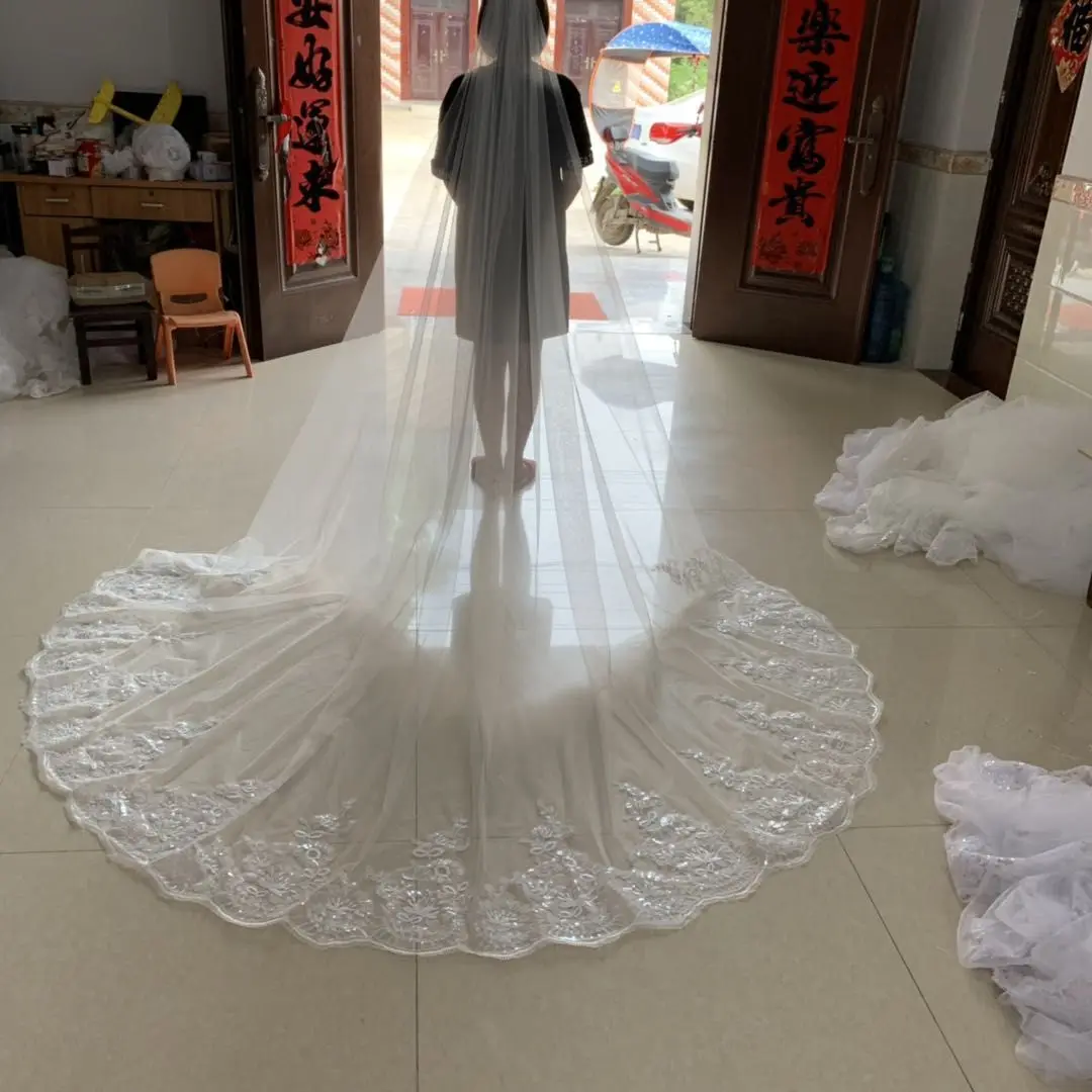 

Romantic Real Photo Wedding Accessories Mariage 4M Wedding Veil With Comb Lace Edge Cathedral Wedding Veil Bridal Veils Velos