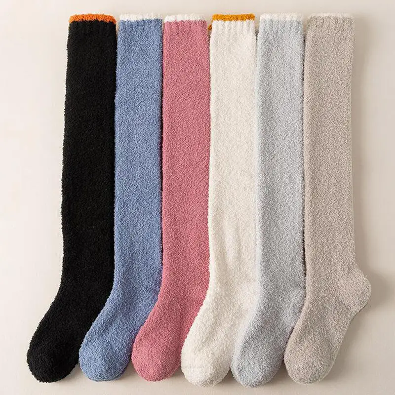 Winter Socks Long Warm Coral Fleece Over-knee High Socks For Women Plush Home Sleep Floor Socking Solid Soft Thigh High Sock