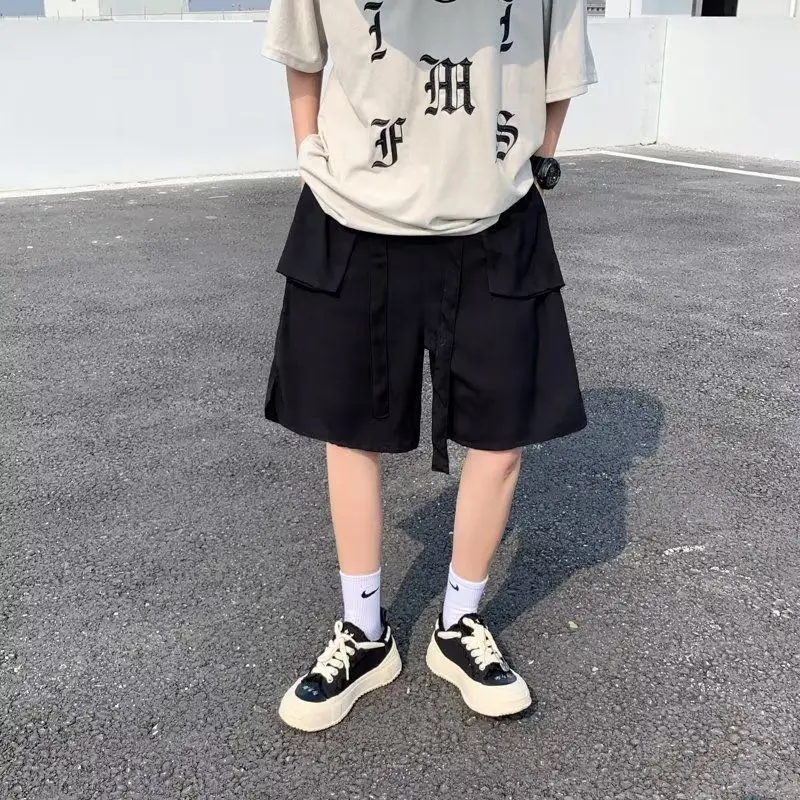 E-BAIHUI Solid Shorts for Men Drawstring Summer Casual Thin Slit Men Clothing Cargo Shorts Knee Length Basketball Shorts Mens