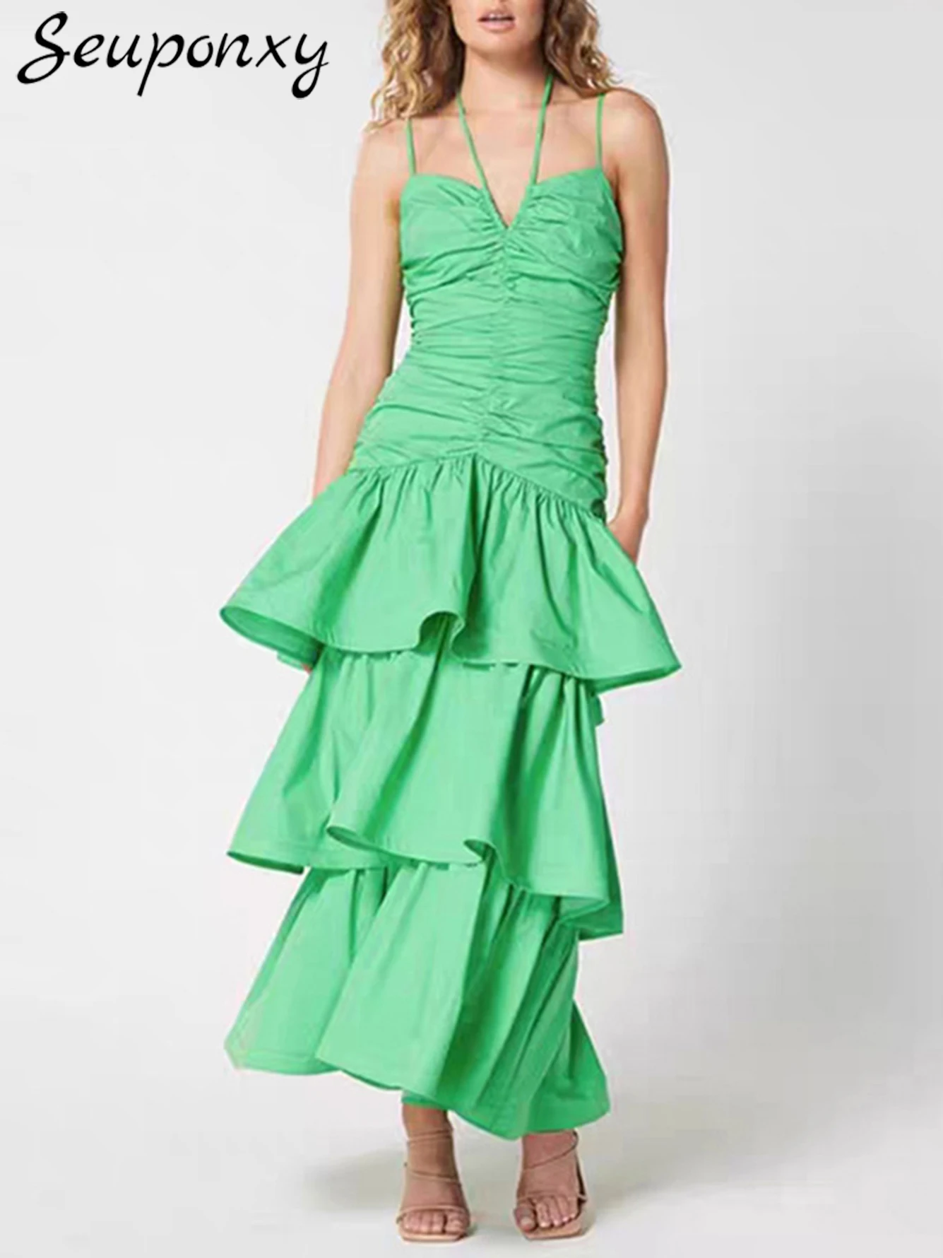 

High Quality 2024 New Women's Sexy Sleeveless Hanging Neck Layered Ruffle Edge Green Maxi Dress Celebrity Party Dress Vestidos