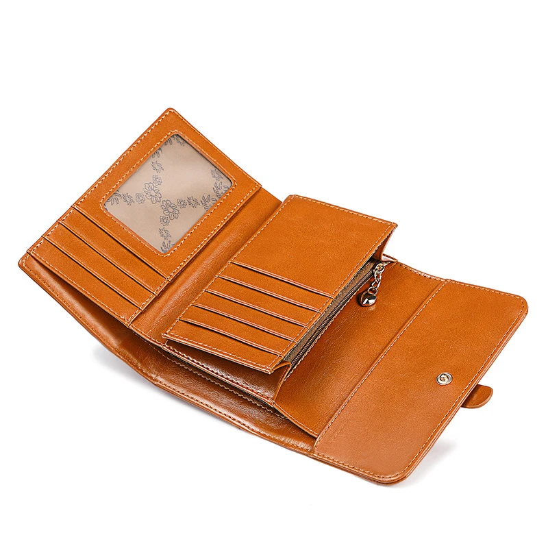 Trifold Billfold Cowhide Genuine Leather Wallet for Women Short Purses Card Slots ID Windows with Coin Pocket