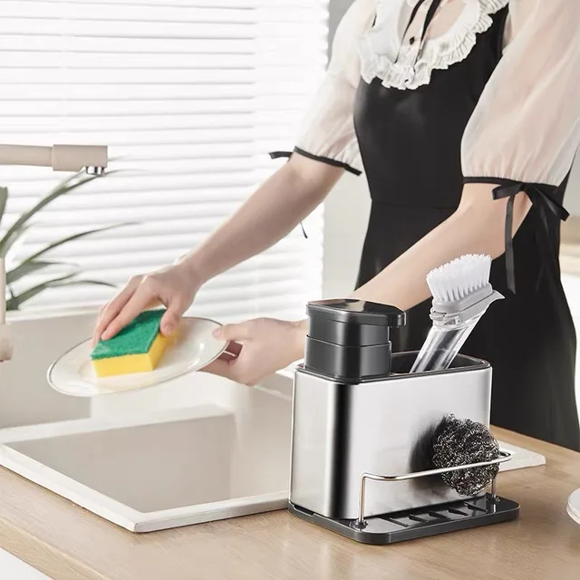 3-in-1 KITCHEN SOAP Dispenser ผู้ถือฟองน้ําจานสบู่สแตนเลสอ่างล้างจานถาดกันสนิม Drainer Rack 5