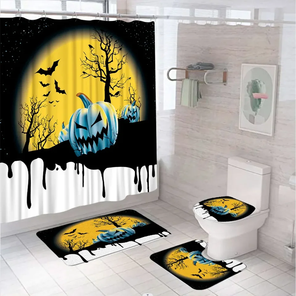 Halloween-Duschvorhang-Set – 4-teilig Mit Badematte, WC-Deckel & Teppich, Grusel-Design