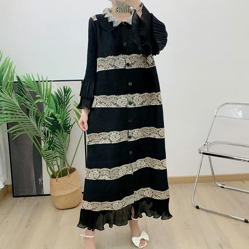 

Miyake Pleated Dresses Women's Fashionable Lace Spliced Lapel Lotus Leaf Sleeves Single-breasted Long Cardigan 2023 Autumn New