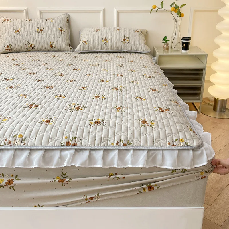 Quilted Add Cotton Thick Bed Sheets Bed Textile Bedding Flat Sheet Lace Bed  Sheet Covers Soft Warm Bedsheets Bedskirt Mattress Protector