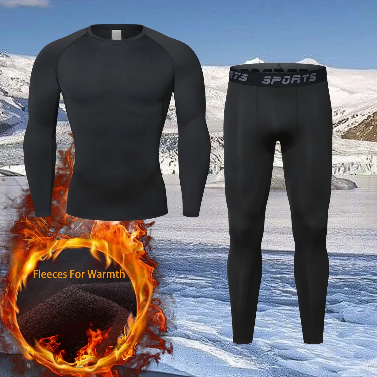 Men's winter fleece-lined tracksuit set outdoor skiing running quick-dry compression thermal underwear base layer