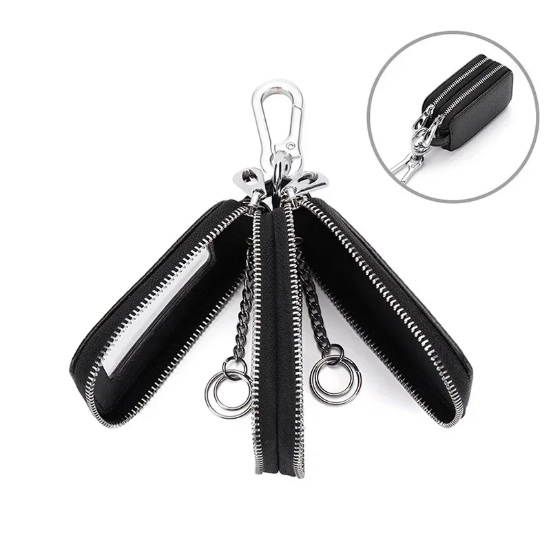 Double-layer Zipper Car Key Case Lychee Pattern Top Layer Cowhide Genuine Leather Chain Large Capacity Unisex