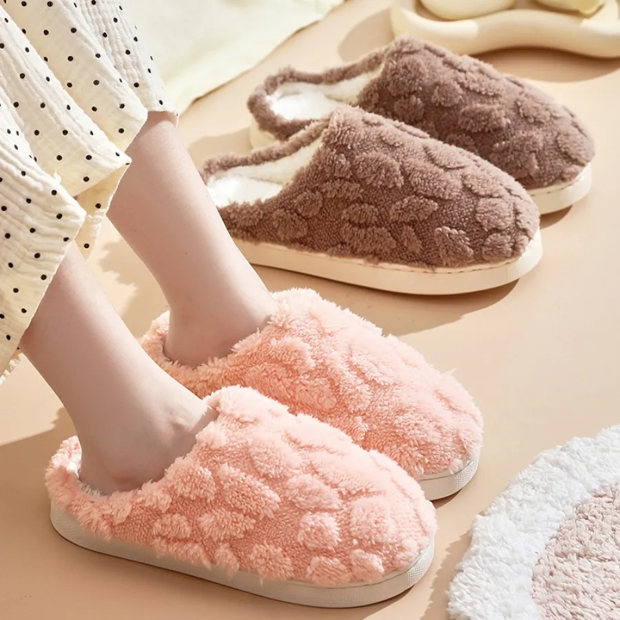 2024 New Women's Solid Color Cotton Slippers Thick Bottom Warm Slippers Soft Female Couple Indoor Plush Flat Shoes 2