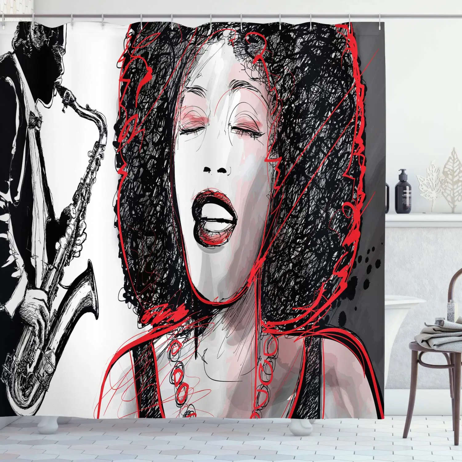 

American Jazz Shower Curtain African Black Girl Singing Jazzist Art Style Waterproof Fabric Bathroom Decoration Bathtub Screen