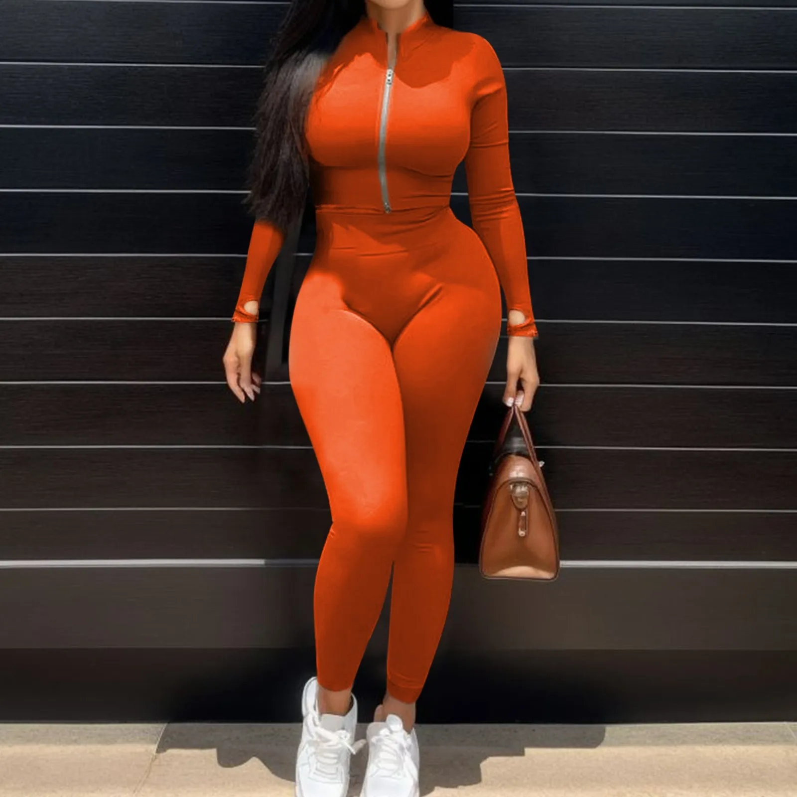 

Ladies Solid Color Autumn Slim 2 Piece Set Stand Collar Zip Up Long Sleeve Top And High Waist Slim Fit Trousers Set Outifits