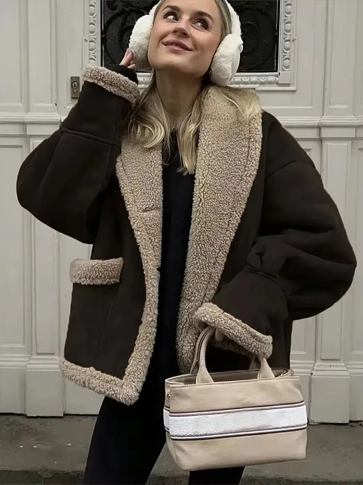 HH Women Casual Fleece Lined Warm Jacket Autumn Winter Coat V Neck Long Sleeve Jackets Loose Outfit Outerwear