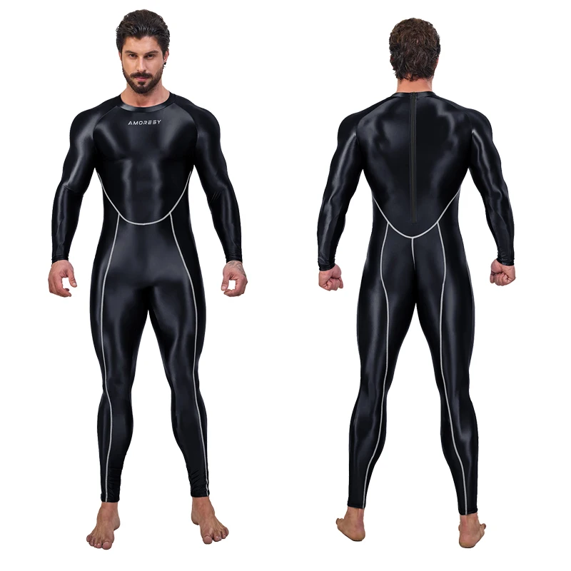AMORESY Sexy men's gloss sports tights Shiny Bodysuit Cosplay Catsuit Jumpsuits Stretch Bodystocking Zentai Suit yoga clothes