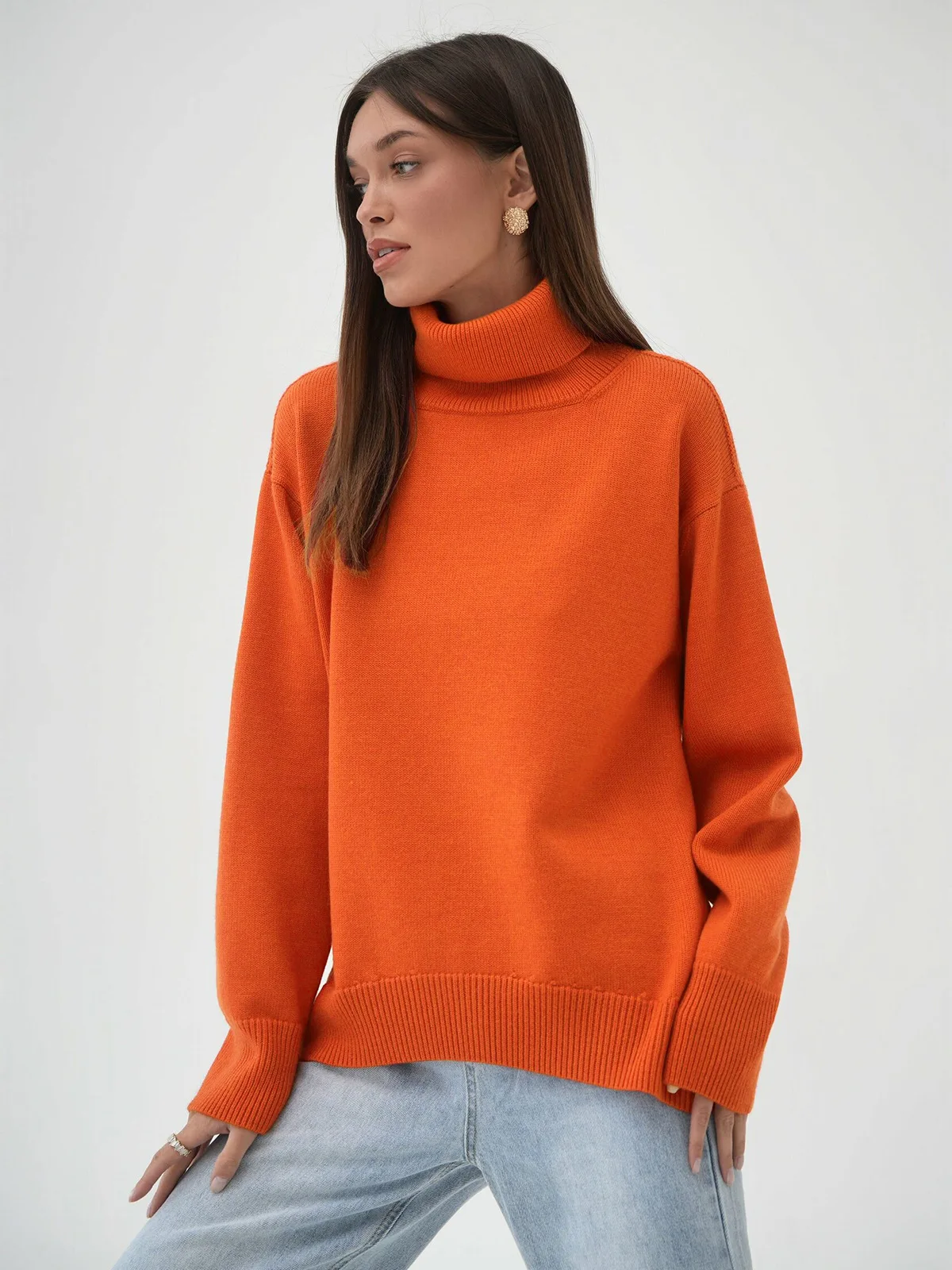 Soft Turtleneck Sweater   Women’s Fall Winter and Spring Loose Ribbed band Knitted womens Classic Versatile Super Warm Solid Color Pullovers Sweaters Workwear Outer for Woman in orange