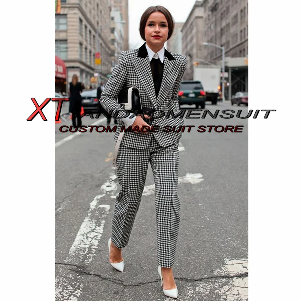 Women's Suit Fashion Blazer Pants 2 Piece Set Houndstooth Jacket Pants Business Slim Fit Outfit بذلات بليزر نسائية