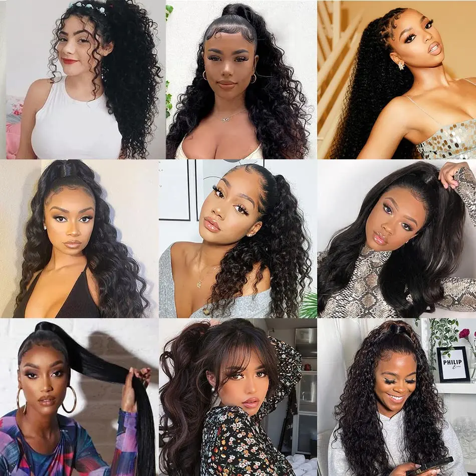Human Hair Extensions Kinky Curly Natural Color Wrap Around 100% Brazilian Human Hair Ponytail