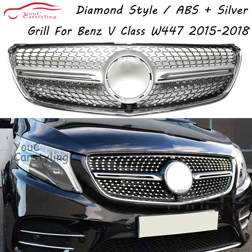 

V260 W447 Diamond Front Bumper Grille for Mercedes V Class V250 V220 2015 2016 2017 2018 Grill With Camera +Silver