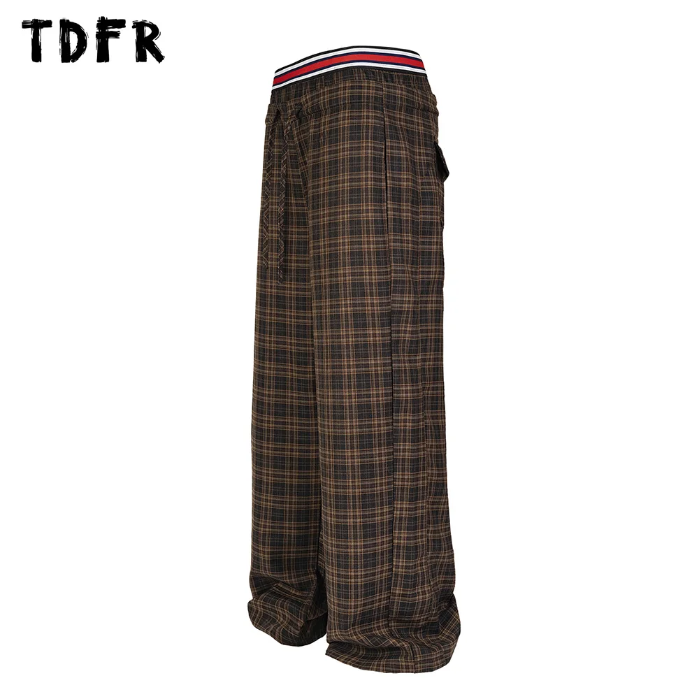 Plaid Casual Pants Mens Pocket Retro Streetwear Elastic Waist Loose Straight Wide leg Trousers Men