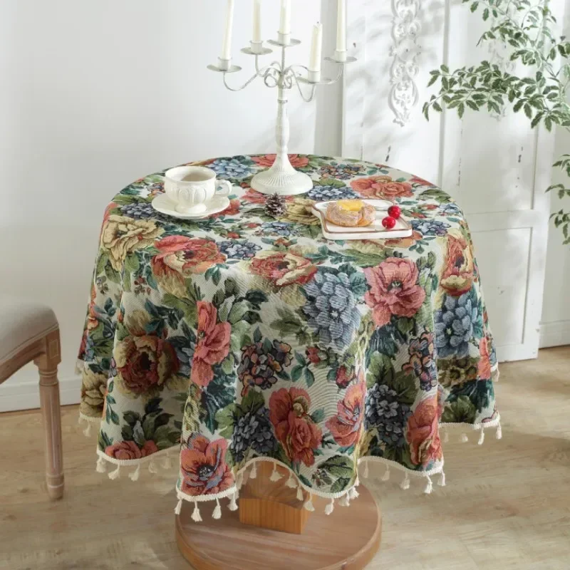 

Cotton Linen American Vintage Jacquard Rose Round Table Cloth Fabric Coffee Cafe Decor Table Cover Room Decor Aesthetic