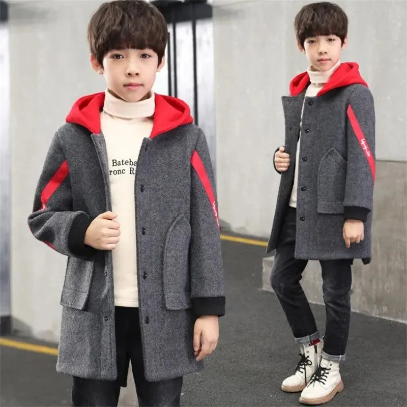 

Boys Thick Woolen Coat Hooded Plus Cotton Jacket For Autumn Winter 2023 New Fashion Letter Print Single Breasted Outerwear
