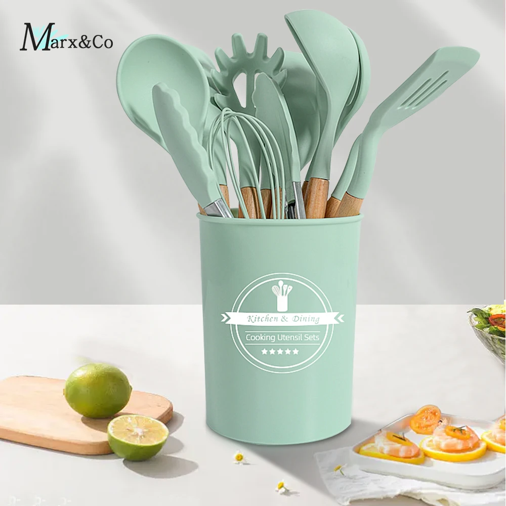 

Kitchen Utensils Set Silicone Non-stick Cookware Spoon Spatula Set Heat Resistant Wooden Handle Safe Baking Tool Kitchen Gadget