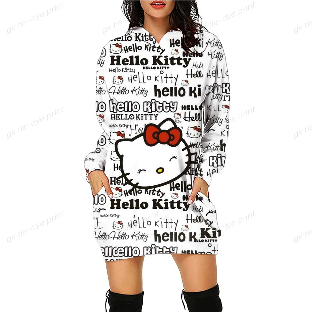 

2023 Women's Japan Anime Hello Kitty 3D Sweater Fashion Women Sweater Autumn Winter Casual Long Sleeve Hoodie Dress