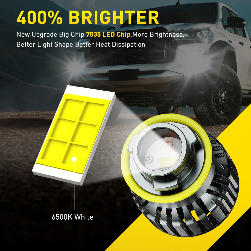 AUXITO 2개입 H8 H9 H11 LED 캔버스 차량용 CSP LED 안개등 전구 프로젝터 렌즈 6500K 백색 3000K 황색 터보 안개등 주간 주행등