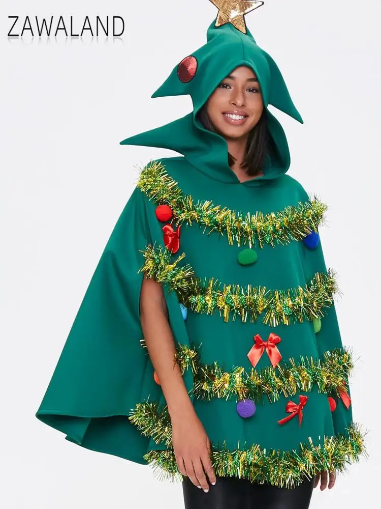 

Zawaland Funny Cosplay Christmas Tree Costume Christmas Hooded Cape Cosplay Clothes Holiday Party Fashion Performance Costume