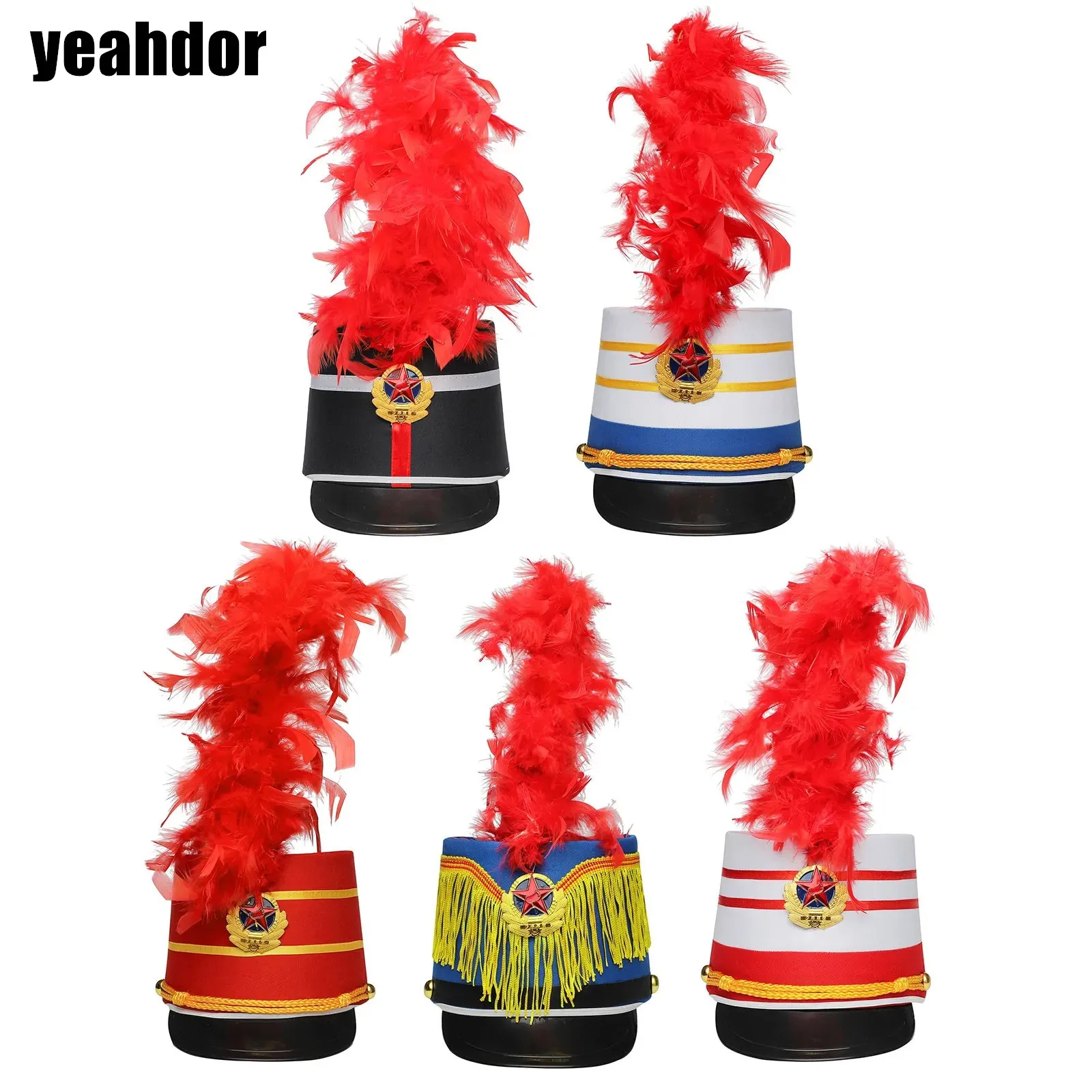 오케스트라 커맨더 깃털 모자, 할로윈 코스프레 금속 배지, 무대 공연용 탑 햇, 드럼밴드 캡