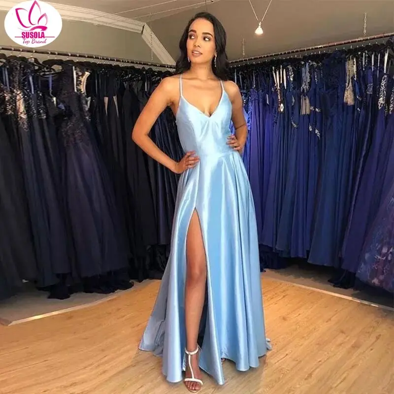 

Lady Simple Long Evening Dress Light Sky Blue Satin Vestido De Noite Crisscross Back Women Occasion Formal Evening Party Gowns