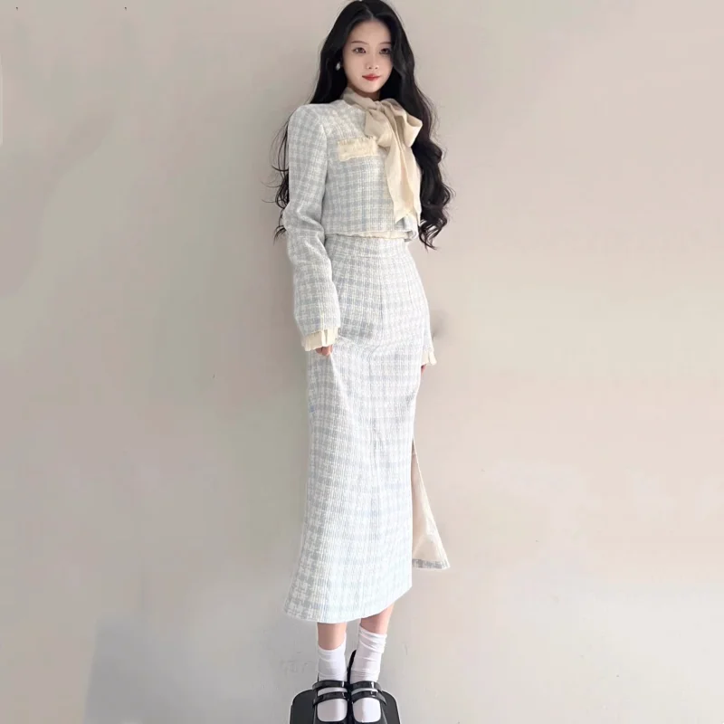 Korean Fashion Luxury Elegant Two-piece Skirt Sets Women Crop Jacket Coat Bodycon Midi Skirt Autumn Winter New Female Outfits