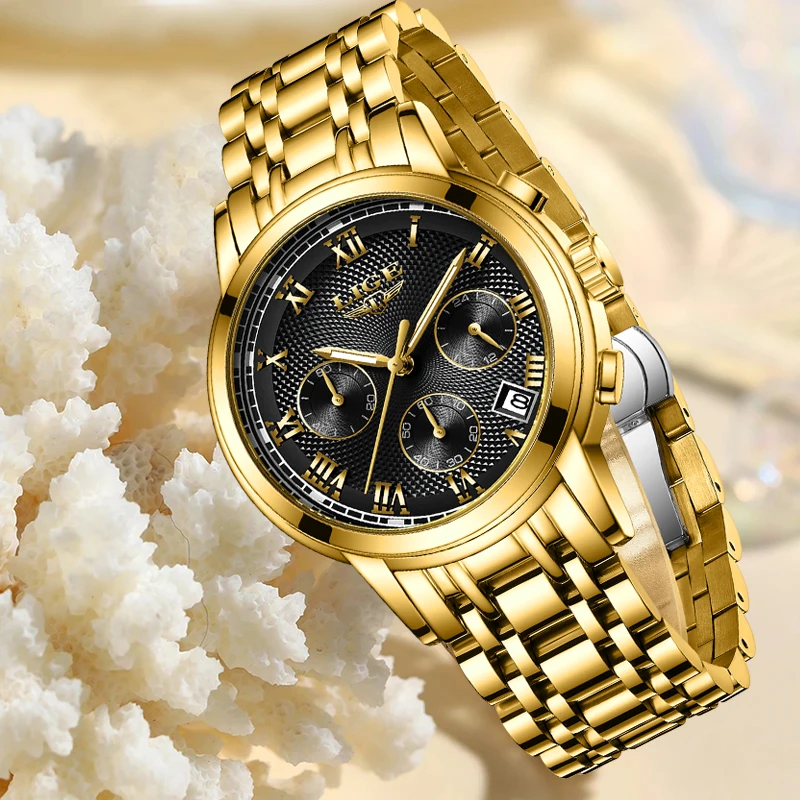 LIGE Golden Quartz Waterproof Women Wristwatches High Quality Japanese Movement Full  Steel Strap Fashion Watch for Women+Box