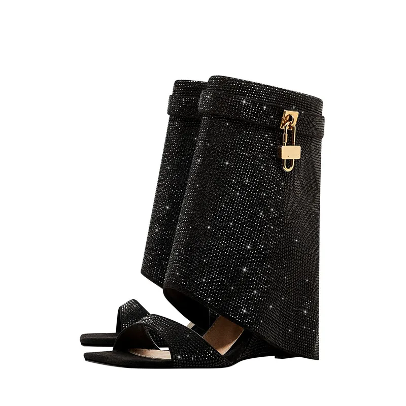 

Peep Toe Women Sandals Boots Crystal Metal Shark Lock Women's Shark Boots Punk Style Wedge Sandals Women Rhinestone Boots Woman