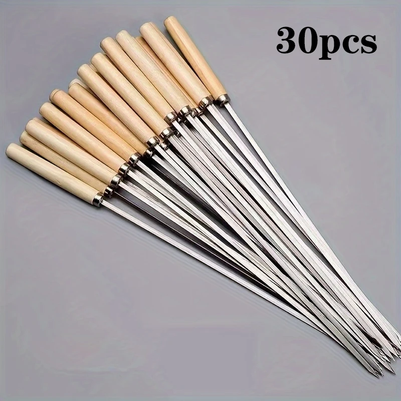 30pcs Wooden Handle Anti-Scalding Barbecue Skewers Can Be Reused 304 Stainless Steel Metal Barbecue Skewers Wide