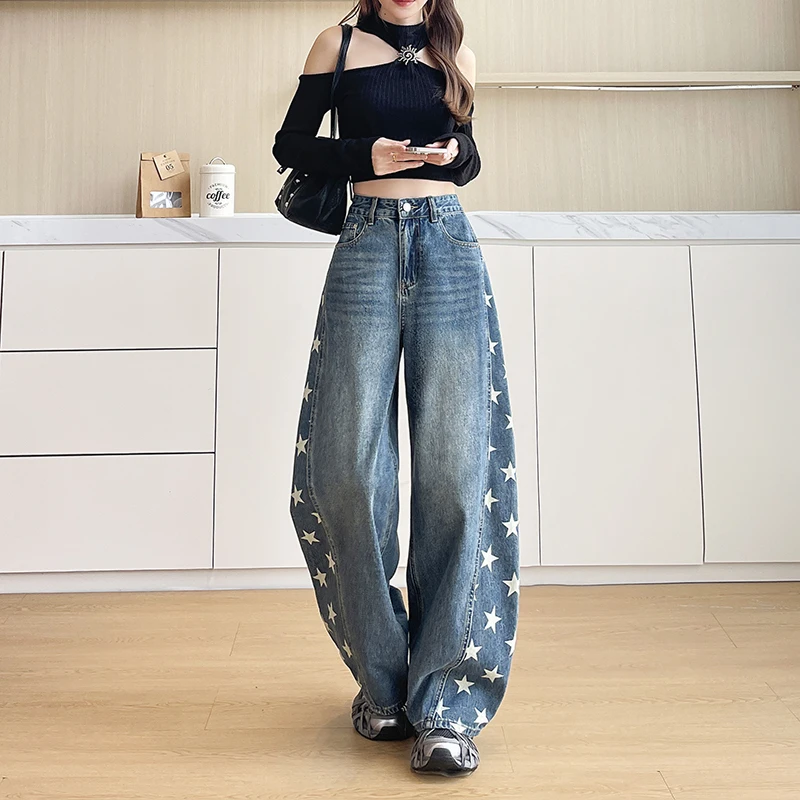 Pantalon en jean ample élastique pour femme style coréen Y2K, mode rétro américaine, jean large pour le début du printemps pour femmes